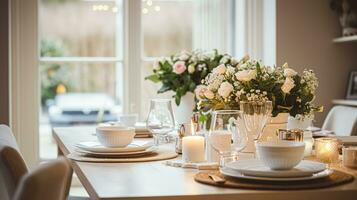 ai gerado Natal feriado família café da manhã, mesa configuração decoração e festivo paisagem de mesa, Inglês país e casa estilo foto