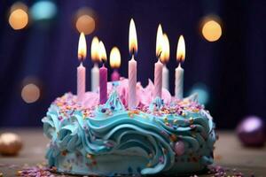 ai gerado colorida ambiente uma aniversário bolo adornado com uma tremeluzente vela foto