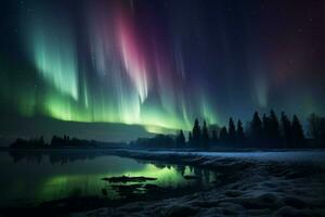 ai gerado noite céu adornado uma hipnotizante exibição do a lindo aurora foto