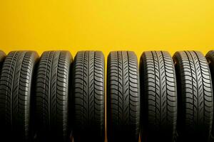 ai gerado pneu simetria linha do pneus alinhar perfeitamente em uma amarelo fundo foto