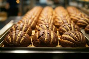 ai gerado tentador matriz chocolate biscoitos exibido para venda às local loja foto