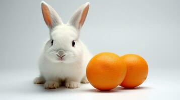 ai gerado branco Coelho e laranjas em uma luz azul fundo. com cópia de espaço. adequado para vários usa tal Como animal Comida anúncios ou animais selvagens humor conteúdo foto