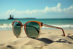 ai gerado praiano elegância oculos de sol exalar charme contra a arenoso costeiro configuração foto