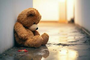 ai gerado triste reflexão criança conceito do tristeza, Urso de pelúcia Urso de casa parede foto