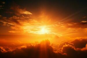 ai gerado atmosférico esplendor brilhante Sol e nuvem formação em laranja céu foto