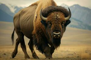 ai gerado búfalo do a américas, uma poderoso e grande herbívoro, comandos a gramíneo extensões foto