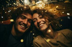 ai gerado retrato do uma feliz jovem casal tendo Diversão foto