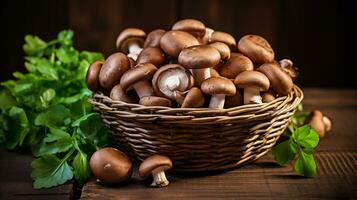 ai gerado fresco cogumelos champignon dentro uma cesta em uma de madeira mesa. foto