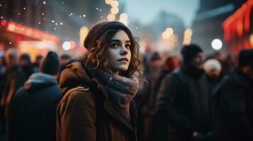 ai gerado jovem mulher dentro inverno roupas caminhando dentro a cidade às noite. raso profundidade do campo. foto