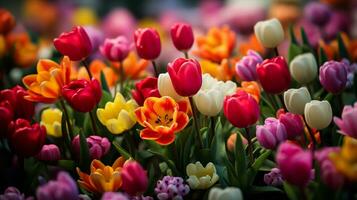 ai gerado colorida açafrões florescendo dentro a jardim. Primavera fundo foto