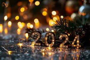 ai gerado Novo ano e Natal fundo. festivo decoração com bokeh luzes. foto
