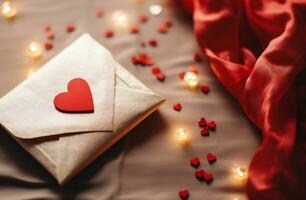 ai gerado dia dos namorados dia fundo. amor carta, envelope e vermelho corações em de madeira mesa foto