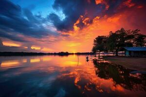 ai gerado lindo pôr do sol em a lago com reflexão dentro água, tailândia, lindo pôr do sol às a lago dentro tailândia, capturado através uma grandes exposição tomada, ai gerado foto