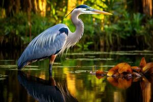 ai gerado ótimo azul garça ardea herodias dentro uma natural contexto, uma ótimo azul garça é capturado dentro pântano nacional parque, florida, EUA, ai gerado foto