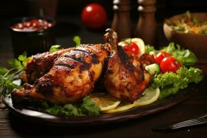 ai gerado grelhado frango pernas com limão e legumes em de madeira mesa, fechar-se, delicioso Comida para uma Ramadã festa em a mesa, topo visualizar, ai gerado foto