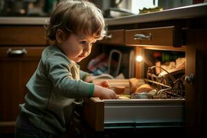 ai gerado curioso criança explorando cozinha gaveta. gerar ai foto