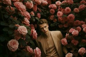 ai gerado elegante homem posando dentro rosa Vila jardim. gerar ai foto