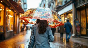 ai gerado solitário jovem menina caminhando em a rua com guarda-chuva, solitário mulher caminhando em a rua, solitário menina com guarda-chuva foto