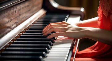 ai gerado fechar-se do mãos jogando piano, pessoa jogando piano, piano fundo foto