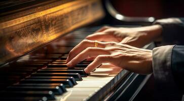 ai gerado fechar-se do mãos jogando piano, pessoa jogando piano, piano fundo foto