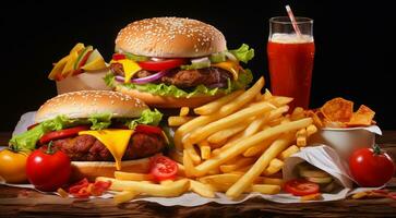 ai gerado hamburguer e fritas em abstrato fundo, comida rápida papel de parede, hamburguer e fritas em a mesa, comida rápida bandeira foto