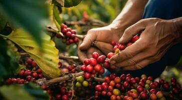 ai gerado mãos do uma pessoa segurando uma grupo do café feijões, colheita para café feijões, fechar-se do mãos colheita acima do café feijões foto