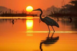 ai gerado tranquilo garça lago pôr do sol. gerar ai foto