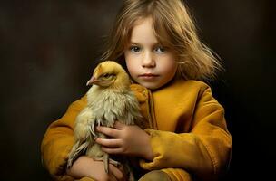 ai gerado curioso pequeno menina com frango. gerar ai foto