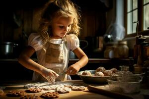 ai gerado pequeno menina cozimento biscoitos. gerar ai foto