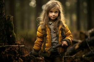 ai gerado lenhador criança menina floresta. gerar ai foto