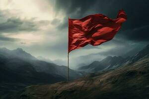 ai gerado vermelho bandeira acenando em nebuloso montanha. gerar ai foto