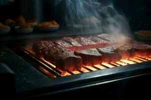 ai gerado fino fatias cru churrasco em grade fumaça. gerar ai foto