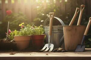 ai gerado Ferramentas jardinagem potes. gerar ai foto