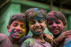 ai gerado grupo do animado crianças tendo Diversão holi festival. gerar ai foto