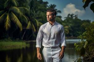 ai gerado luxo formal roupa masculina tiro em tropical natureza visualizar. gerar ai foto