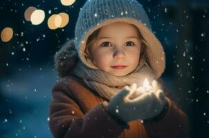 ai gerado menina inverno luzes dentro mãos. gerar ai foto