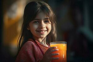 ai gerado menina criança suco vidro sorridente retrato. gerar ai foto