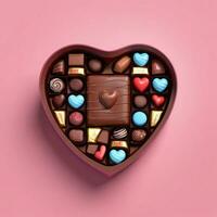 ai gerado uma 3d coração em forma caixa com chocolates em isolado Rosa fundo. gerado com ai foto