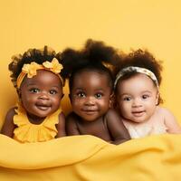 ai gerado três recém-nascido bebês com diverso etnias deitado em uma avião amarelo fundo foto
