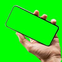 Preto homem de negocios com verde tela croma chave Smartphone foto