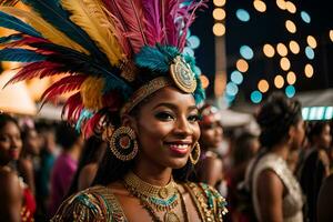 ai gerado uma mulher dentro uma carnaval traje com penas em dela cabeça foto