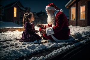 ai gerado santa claus e uma pequeno menina estão sentado em uma cobertura foto