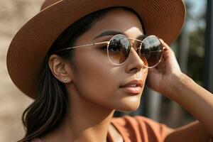 ai gerado retrato do jovem à moda menina modelo dentro casual verão roupas dentro Castanho chapéu com natural Maquiagem dentro óculos isolar foto