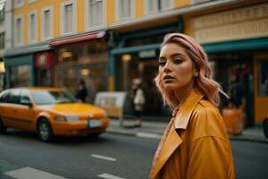 ai gerado moda. jovem à moda mulher caminhando em a cidade rua olhando a parte, de lado curioso foto