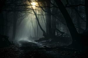 ai gerado enluarada floresta com morto árvores, nebuloso floresta luz da lua. generativo ai foto