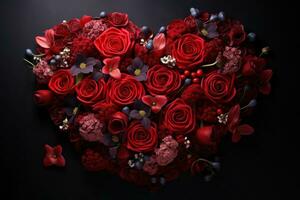 ai gerado capturando a essência do romance com vermelho rosas formando uma coração dentro natureza, namorados, namoro e amor proposta imagem foto