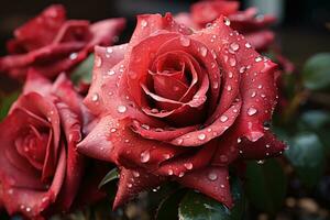 ai gerado radiante vermelho rosas com gotas de orvalho capturando a frescor e beleza do amor, namorados, namoro e amor proposta imagem foto