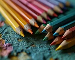 ai gerado brilhante e alegre lápis deleite em uma verde tela, diverso Educação e professores dia imagem foto