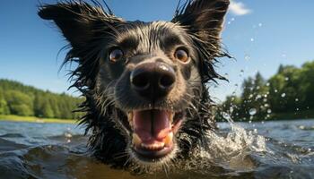 ai gerado uma Preto cachorro desfrutando uma nadar espirrando dentro uma sereno lago, animal fotografia foto