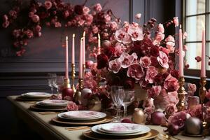 ai gerado peônias rosas e orquídeas adornar uma real mesa dentro ouro e veludo, noivado, Casamento e aniversário imagem foto
